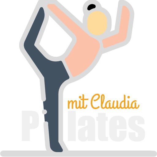 Logo Pilates mit Claudia (Piktogramm und Text, Frauenfigur in Yoga-Pose)